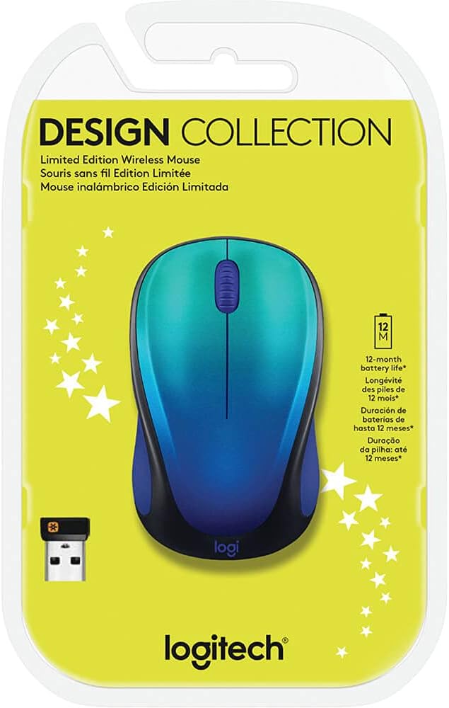 Logitech Designer Collection Limited Edition Wireless Compact Mouse with Colorful Designs, 1000 DPI Optical 3-Buttons Mouse, Blue Aurora 910-006118 (Renewed)
