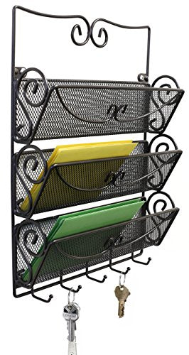 Deco Brothers Wall Mail Organizer with 5 Key Holder, 3 Tier, Bronze