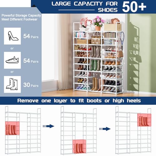 Mavivegue 10 Tiers Shoe Rack, Large Storage Space, 55-60 Pairs, White, Polypropylene - color: White, size: 3 Row 10 Tier