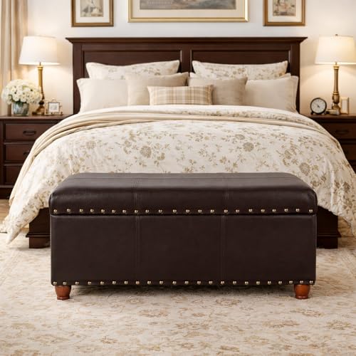 HomePop Espresso Faux Leather Storage Cocktail Bench with Nailhead Trim - color: Espresso Brown