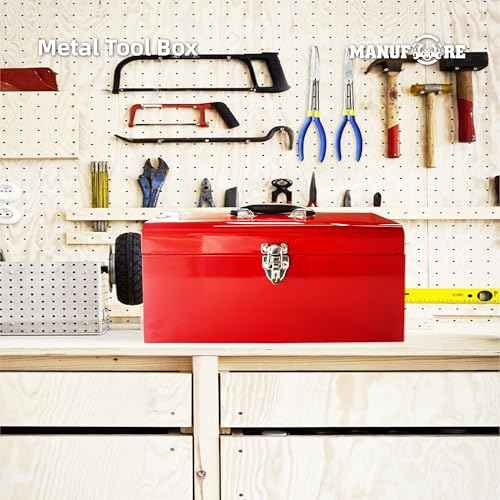 MANUFORE Metal Tool Box 16in Folding Tool Storage Box Lightweight and Sturdy Storage Box Made of Heavy Steel