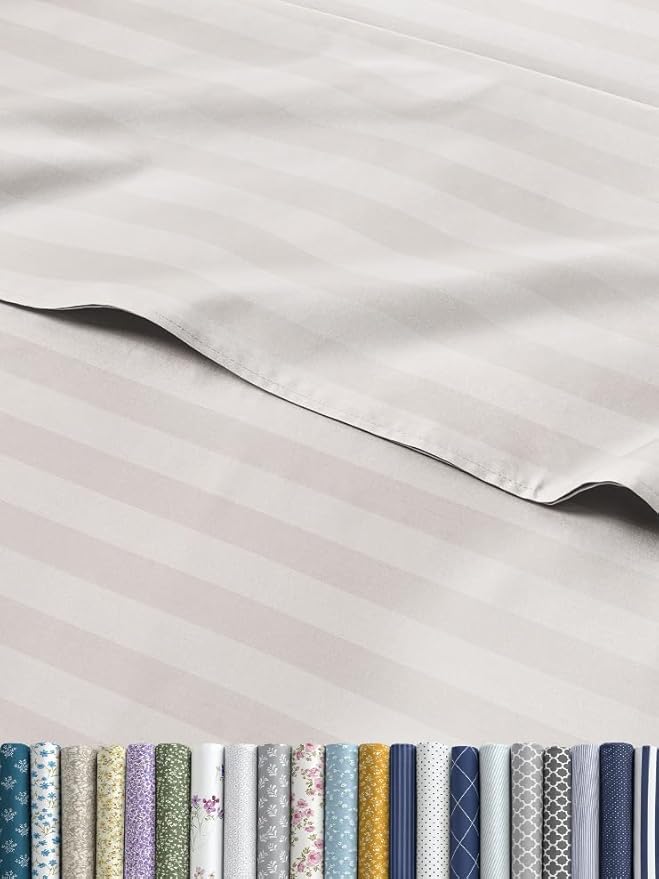 Grey Striped Sheets - 1 Flat & 1 Fitted Sheet & 1 Pillowcase w/ Deep Pockets - Comfy, Easy-Care, Wrinkle & Fade Resistant - Ultra-Soft, Breathable & Cooling - Luxury Pinstripe Bedding - Twin Size