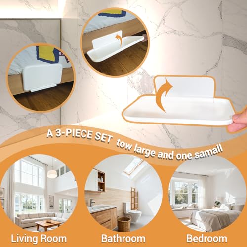 3 Pcs Small Foldable Floating Shelves for Living Room Bathroom,Bedside Shelf No Drill,Adhesive Shelves Organizer,Stick on Wall Rack Shelf Kitchen Entryway Bedroom,Bed Bedside Tray White