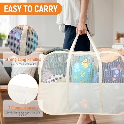 Collapsible Laundry Baskets with 3 Compartment, 150L Tear-proof Pop Up Hamper, Foldable Laundry Basket with Tote Handles, Dirty Clothes Hamper for Laundry, Bedroom, Bathroom, Dorm Beige - style: 3 Compartments- Beige
