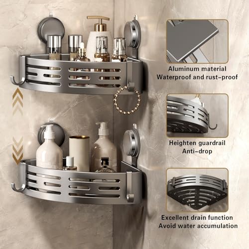 VOLPONE Corner Shower Caddy Suction Cup Shower Shelf Corner No Drilling Bathroom Shower Organizer Storage Rack Adhesive Without Towel Bar (2Pack, Gray) - style: Without Towel Bar Suction Cup Triangle 2 Tier Gray