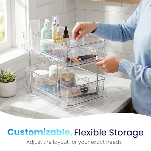 Masirs 2-Tier Clear Pull-Out Drawer Organizer - Sleek, Compact & Sturdy Makeup and Closet Organizer - Easy Assembly Kitchen Storage Solution, Ideal for Makeup, Tools, Medicines 4-Pack