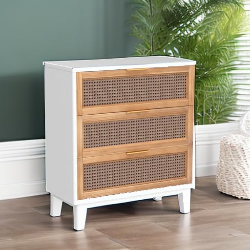 COZAYH Farmhouse 3-Drawer Nightstand, Set of 2 Rattan Cane Front Accent Dresser with Brass Pull, Distressed White - color: Distressed White, style: 3 Drawer/2 pack