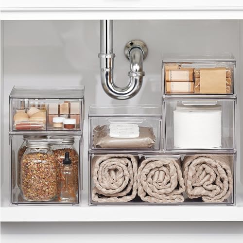 mDesign Plastic Stackable Bathroom Storage with Pull Out Bin Organizer Drawer for Cabinet, Vanity, Shelf, Cupboard, Cabinet, or Closet Organization - Lumiere Collection - 4 Pack - Clear - size: 8 x 12 x 6 (Pack of 4)