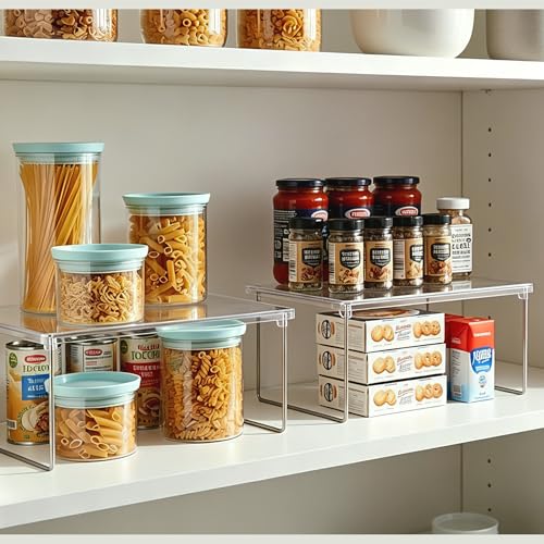 IVYHOME Pantry Organizer, Cabinet Storage Shelf Rack, Stackable Kitchen Cabinet, Foldable Countertop Shelf Organizer, 2 Pack