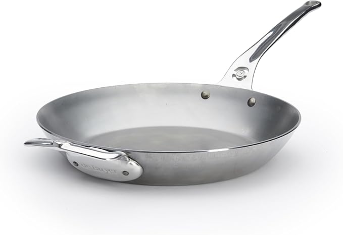 de Buyer MINERAL B Pro Carbon Steel Country Fry Pan with Helper Handle - 12.5” Diameter, 9” Cooking Surface - Ideal for Sauteing, Simmering, Frying - Naturally Non-Stick Finish - Made in France