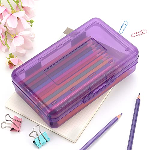 Tamaki 1 Pack Plastic Pencil Box Large Capacity Pencil Boxes Clear Boxes with Snap-tight Lid Stackable Design and Stylish Office Supplies Storage Organizer Box, Purple - color: Purple