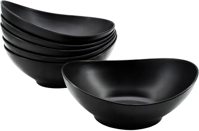 Oval Salad Bowls 34oz, Bamboo Fiber Serving Bowls Set of 6, 8.8" Large Bowls for Kitchen Eating & Restaurant, Deep Soup Bowls Set for Salad, Fruit,Pasta,Vegetable, Ramen, Dishwasher Safe, Black