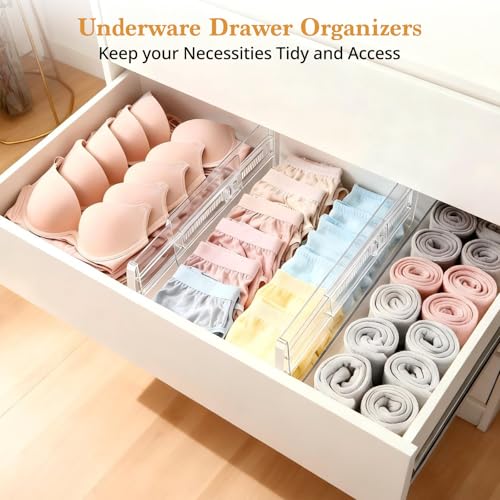 8 Pack Clear Drawer Dividers for Clothes, 4" High 10.6"–16.9" Adjustable Expandable Dresser Drawer Organizer, Dresser Separators for Baby Clothing, Underwear, Sock, Cosmetic, Kitchen, Office Storage - size: 8 Pack