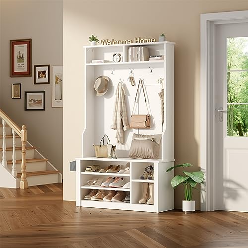 Aiho Hall Tree with Bench and Shoe Storage, 3-in-1 Entryway Hall Tree, with Adjustable Shoe Storage, for Entryway, Hallway, White - color: White