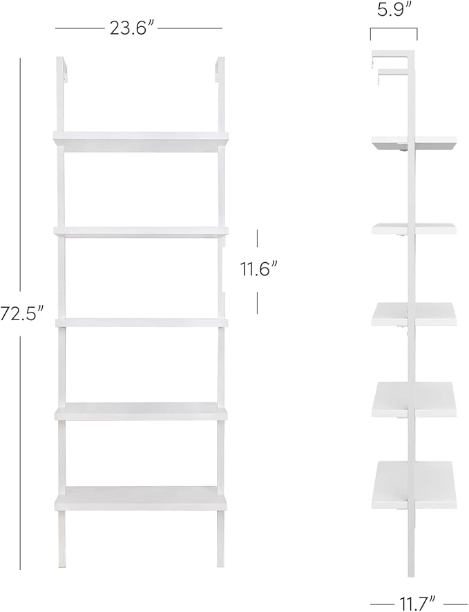 Nathan James Theo 5-Shelf Modern Bookcase, Open Wall Mount Ladder Bookshelf with Industrial Metal Frame, White, Set of 2