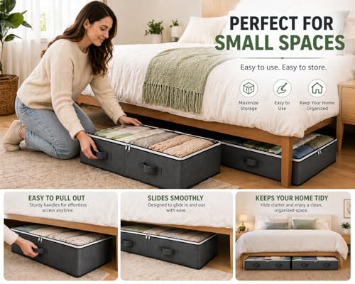Under Bed Storage Containers 90L set 4 bags, Closet Organizers and Storage Bins, Foldable Underbed Storage Bags for Wrapping Paper, Blanket, Clothing, Comforter, Sweaters, Pillows, Linen Sheets, Grey