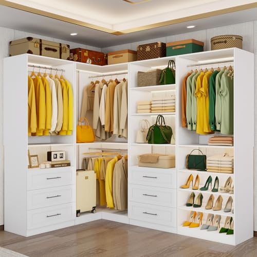 Vomavex Closet System with 4 sets, 101.9" Closet Organizer Systems with 6 Drawers & 8 Hanging Rods & Adjustable Shelves, Walk in Closet Standing Closet System, Corner Closet System Set, White