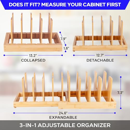 Pot and Pan Organizer for Under Cabinet – Bamboo Pot Lid Organizer for Cabinet with Magnetic Lock, Expandable 2-in-1, Adjustable Dividers, Non-Slip Base for Cutting Boards, Cookie Sheets, Bakeware