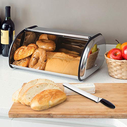 ENLOY Bread Box for Kitchen Counter, Stainless Steel Roll Top Bread Bin, Sliver Bread Storage Holder with Lid, Large Capacity Bread Keeper, 17 x 11 x 7 Inches - color: silver