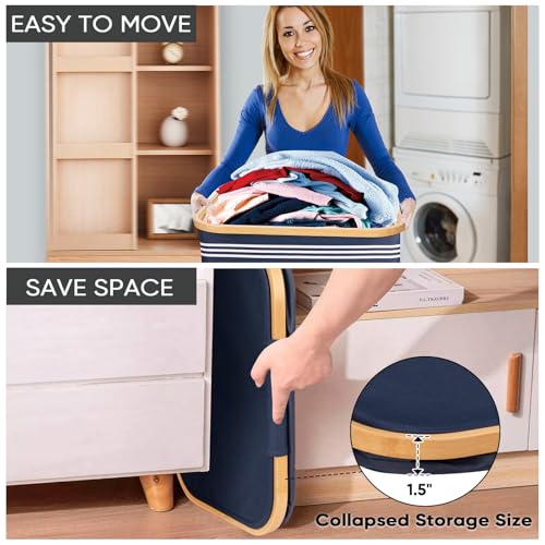 BALEINE Laundry Hamper with Lid, Tall Laundry Baskets with Bamboo Pull Handles, Large Laundry Bin with Internal Support (26 Gal/100L, Blue Pinstripe) - color: Blue Pinstripe, size: 100 liters