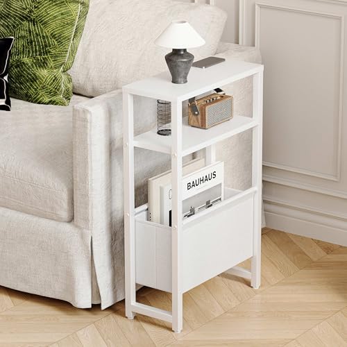 Narrow Side Table, Slim End Table with Magazine Rack, Bedside Table for Small Spaces, 3 Tier Sofa Couch Table Nightstand for Living Room, Bedroom, White LET503W - color: White