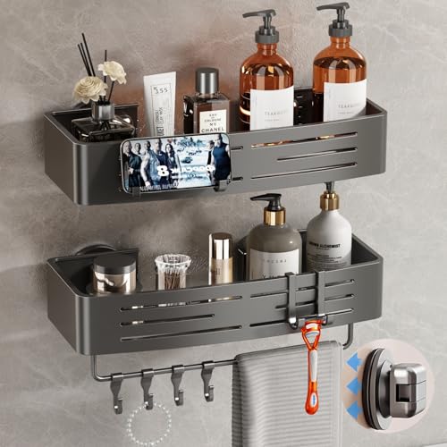 Voldra Shower Caddy Suction Cup, 2 Pack Shower Shelves for Inside Shower No Drilling, Aluminum Suction Showers Organizer with Towel Bar & Hooks Removable Bathroom Shelf Storage Rack(Gray) - style: Suction Cup Rectangle-2 Pack