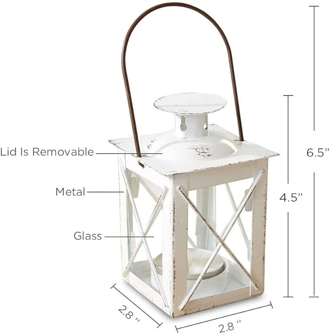 Kate Aspen Rustic Shelf Decor Luminous Vintage Tea Light Votive Candle Holders Metal Mini Decorative Lantern, Distressed White (Pack of 2)
