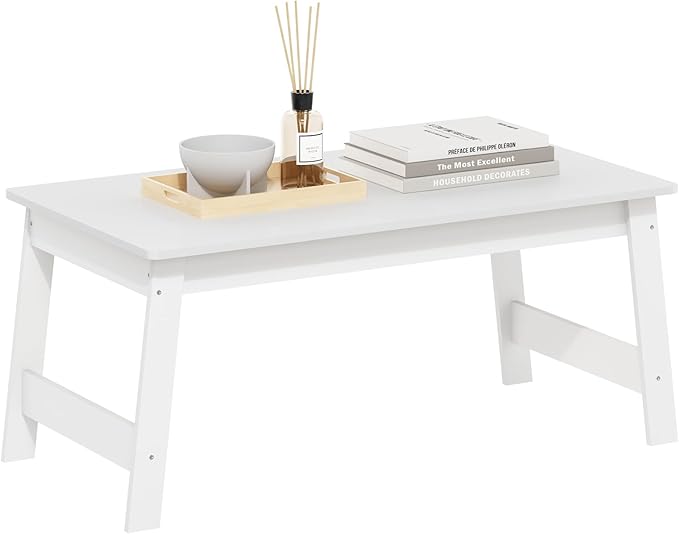Furinno Beginning Coffee Table, Rectangular Modern Coffee Table with H-Legs, Side Table, Soft Edges, Easy Assembly, for Living Room, Bedroom, Home Office, White
