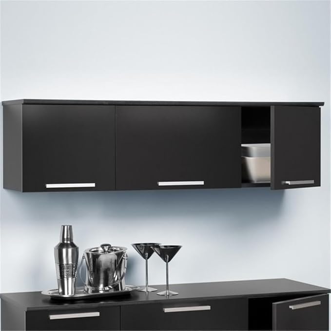 Prepac Coal Harbor Floating Cabinet, Wall Mounted Hutch with 3 Doors, Self Closing Hinges for Office, Living Room, and Bedroom Ideal for Storage and Organization, 12.5"D x 47.25"W x 13"H, Black