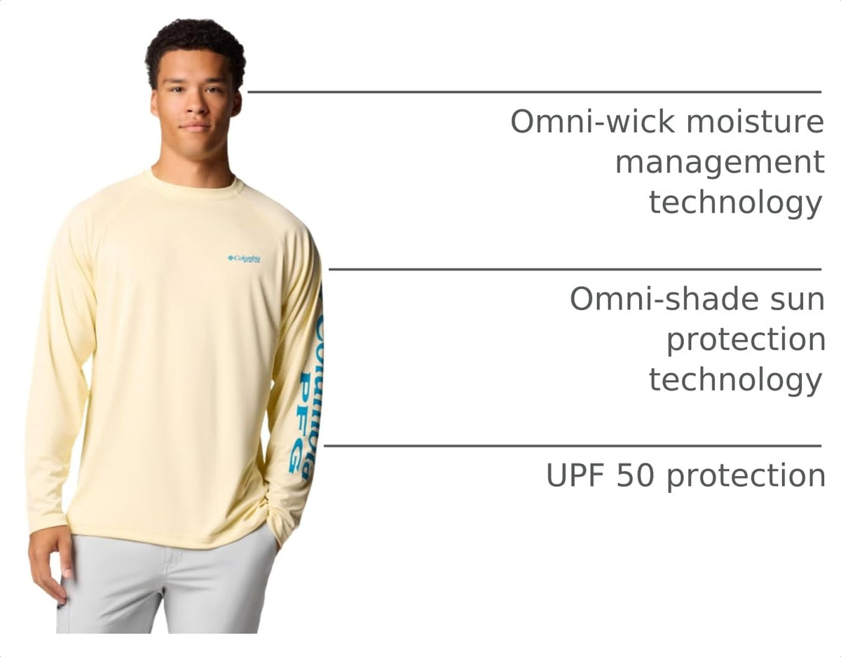 Columbia Men's PFG Terminal Tackle Long Sleeve Fishing Shirt, Lemon Wash/Blue Echo Logo, Small