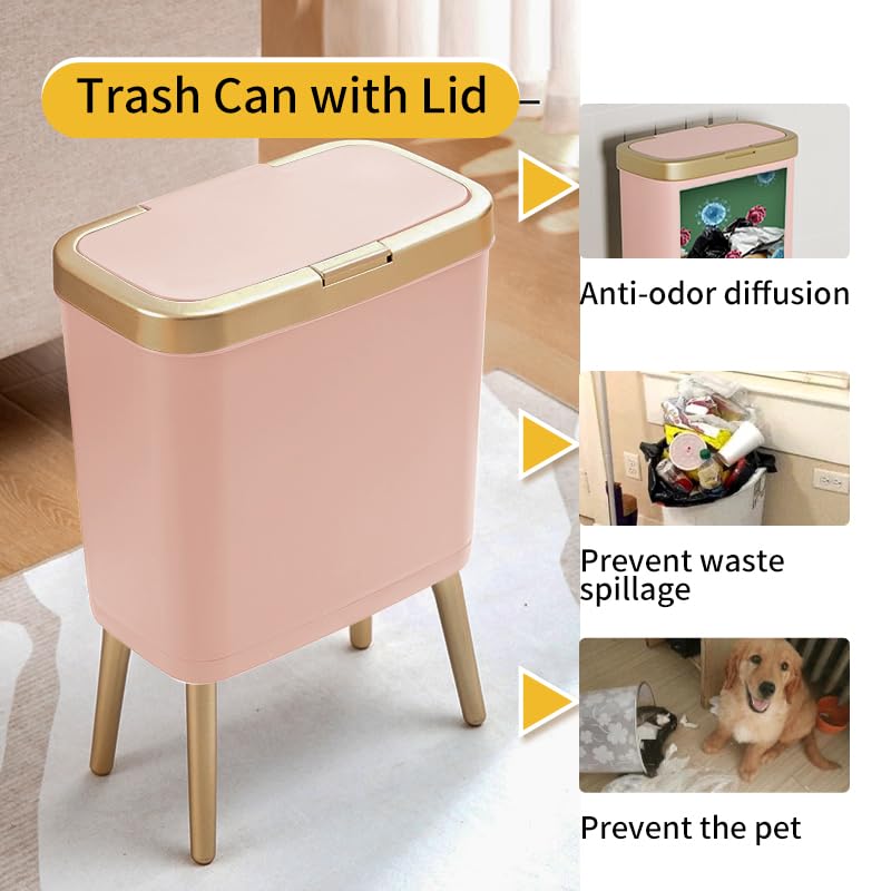 Procade Bathroom Trash Can with Lid, 4 Gallon Pink Garbage Can, Tall Plastic Trash Bin with Push Button, Slim Gold Trash Can Waste Basket for Room, Bedroom,Office,Kitchen - color: Pink
