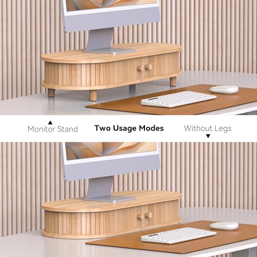 Bamboo Monitor Stand with Storage, Curved Computer Laptop Stand Desk Shelf Organizer with Sliding Doors (25 inch) - size: 25 inch