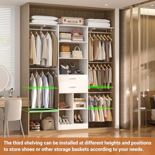 5FT Closet Organizer System with Wooden Drawers, 60 Inches Walk In Closet System With 5 Hanging Rods, Can Fit 1.58 to 6.8 FT with Reversible Hanging Shelving, White - color: White, size: 5FT