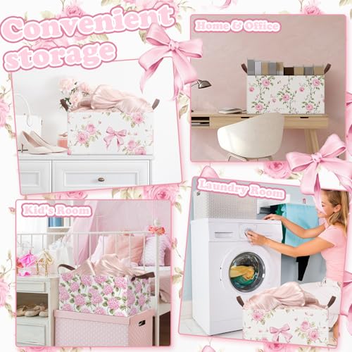 Boao 3 Pcs Pink Hydrangea Foldable Storage Baskets Pink Flower Laundry Basket with Handles Waterproof Storage Bins Fabric Shelf Baskets for Organizing Closet Clothes - style: Pink Floral