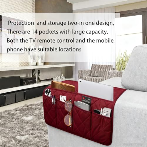 Armchair Caddy,Non Slip Sofa Armrest Organizer, Couch Armrest Remote Control Holder,Waterproof Recliner Arm Caddy with 14 Pockets for Cell Phone TV Remote Control - color: Red