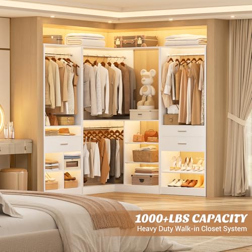 Unikito 86" Corner Closet System, Modular Closets Organizer with 4 Hanging Rods & Corner Tower, Freestanding L-Shaped Walk-In Wardrobe Organizer, Set of 3, White