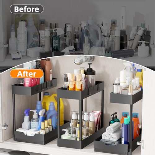 Simple Trending Under Sink Organizer 3 Pack, Sink Pull-Out Sliding Storage Cabinet, 2-Tier Under Shelf Organizer for Kitchen Bathroom, Black - size: 3 pack