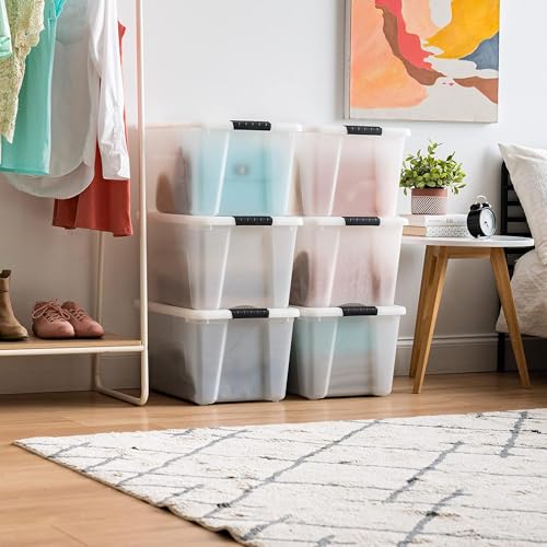 IRIS USA 40 Qt Stackable Plastic Storage Bins with Lids, 6 Pack - BPA-Free, Made in USA - Discreet Organizing Solution, Latches, Durable Nestable Containers, Secure Pull Handle - Pearl - size: 40 Qt, style: 6 Pack