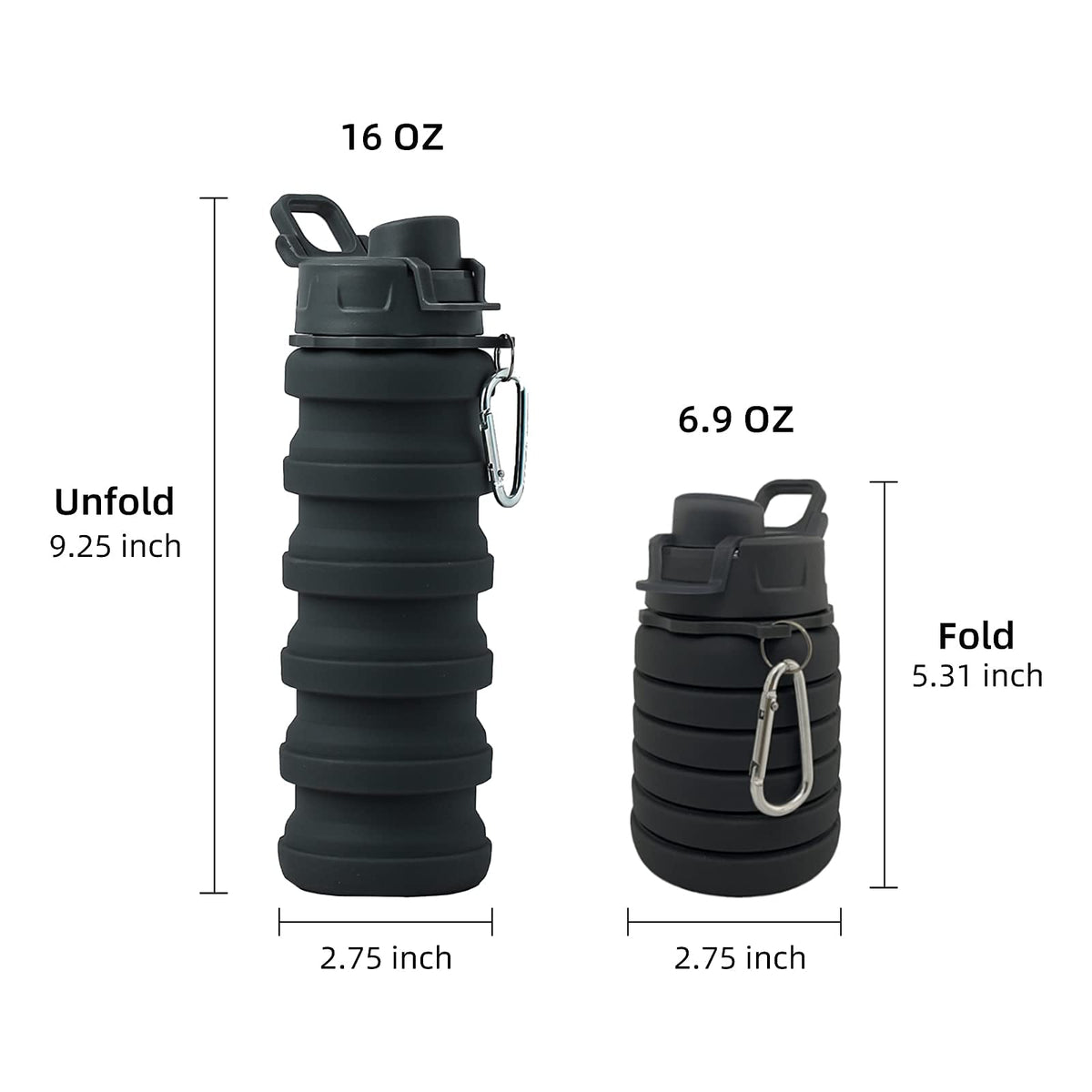 Collapsible Silicone Foldable Water Cup - 16oz BPA Free Reusable Water Bottle - Hiking Travel Sports Kids - Gray