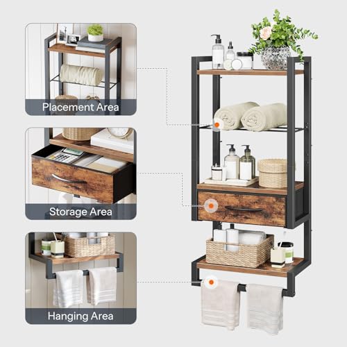 HOOBRO Wall Mounted Towel Rack with Shelf and Drawer, Bathroom Wall Storage Shelf with Towel Bar, Space Saving Over Toilet Organizer for Bathroom, Rustic Brown BF11LB01