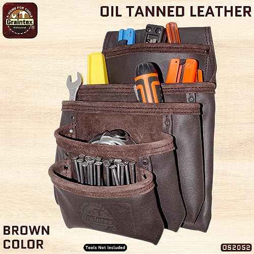Graintex OS2052 5 Pocket Oil Tanned Nail & Tool Pouch Dark Brown Color for Constructor/Electrician/Plumber