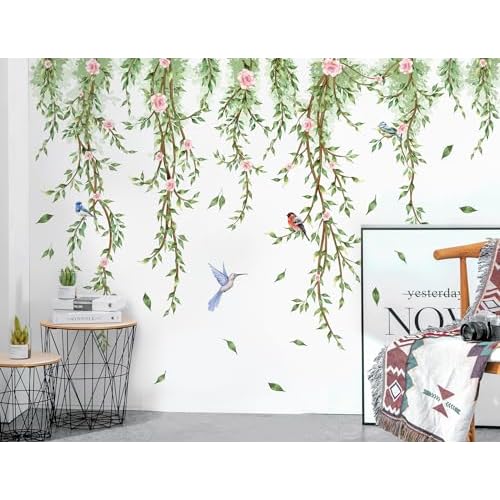 Hanging Vine Wall Decals Removable Birds Green Leaf Wall Stickers Peel and Stick Plants Home Art Decor for Kids Girls Teens Nursery Bedroom Living Room Sofa TV Background Wall