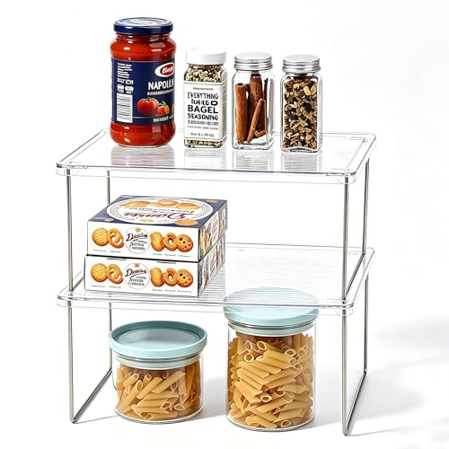IVYHOME Pantry Organizer, Cabinet Storage Shelf Rack, Stackable Kitchen Cabinet, Foldable Countertop Shelf Organizer, 2 Pack