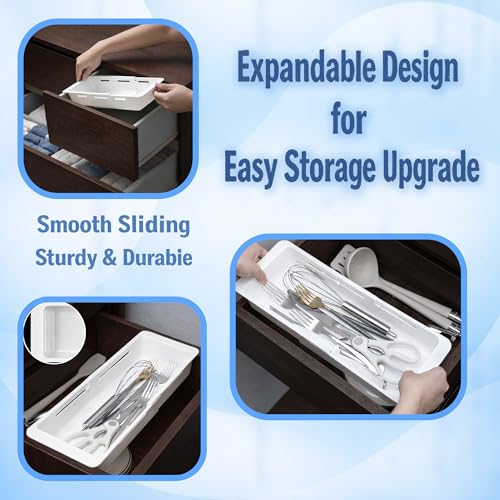 3-Pack Expandable Drawer Organizer for Deep Drawers, Adjustable Storage Tray (17–27 in), Durable PP Smooth Glide Divider for Kitchen, Vanity & Office, Space-Saving Design