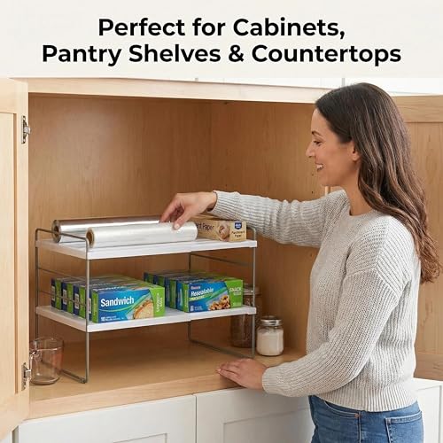 YAN & HIN 2 Pack Expandable Cabinet Organizer Shelf, 3-Tier Kitchen Cabinet Organizer for Tupperware & Food Container Storage, Adjustable Pantry Shelf Organizer for Bottles, Lids & Countertop - size: Set of 2