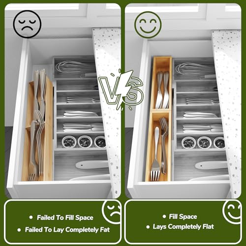 BAMEOS Kitchen Drawer Organizer,Small Silverware Drawer Organizer,Bamboo Utensil Organizer for Bathroom, Dressing Room, Office, Pantry (Natural, 11"x 3") Set of 2 - size: 2 Boxes 11x3"