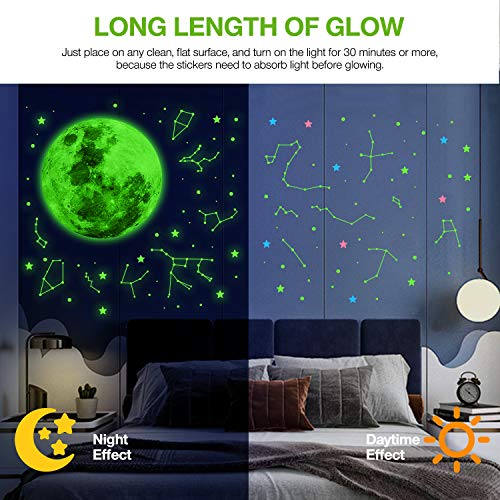 Glow in The Dark Stars for Ceiling, 100 Adhesive Bright, Realistic Glowing Ceiling Stars and a Full Moon for Starry Sky, 12 Constellations, and 407 Dots, Wall Stickers Perfect for Kids Room Decor
