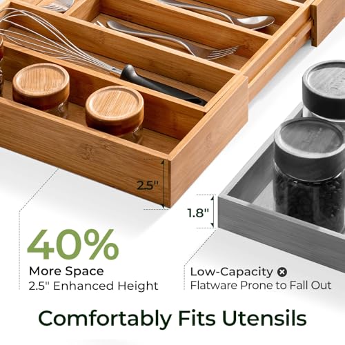 keechee Carbonized Large Bamboo Kitchen Drawer Organizer, 12 Slots Expandable Silverware Organizer, Utensil Holder & Cutlery Tray, 2.5" Deep for Extra Capacity, Non-Slip Feet Included - size: 12 Slots（Large & Expandable）