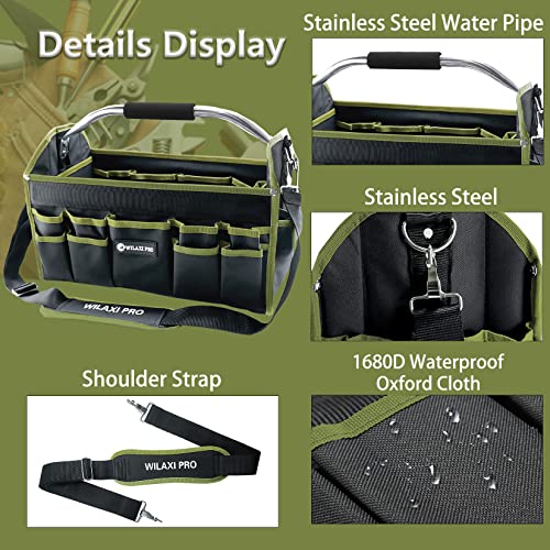 16in Foldable Open Top Tool Tote, Tool Bags For Men Heavy Duty, Tool Carrier tool bag hard With Handle, Wide Mouth Electrician Tool Tote, Many Pockets Can Hold Many