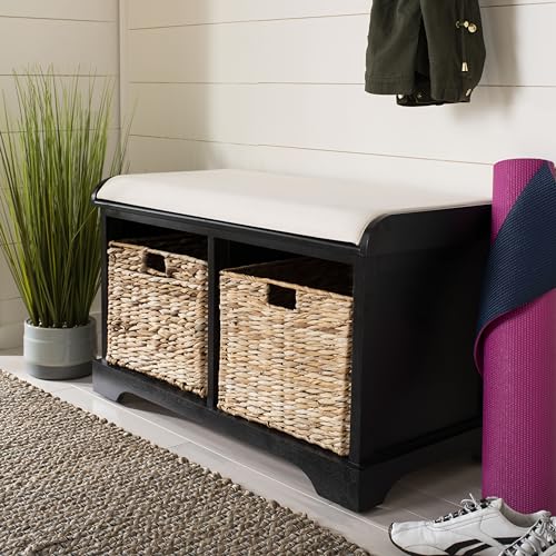 SAFAVIEH Home Collection – Freddy Black Storage Bench with Wicker Baskets & Cushion, Entryway Seating Bench, Fully Assembled (AMH5736B) - color: Black